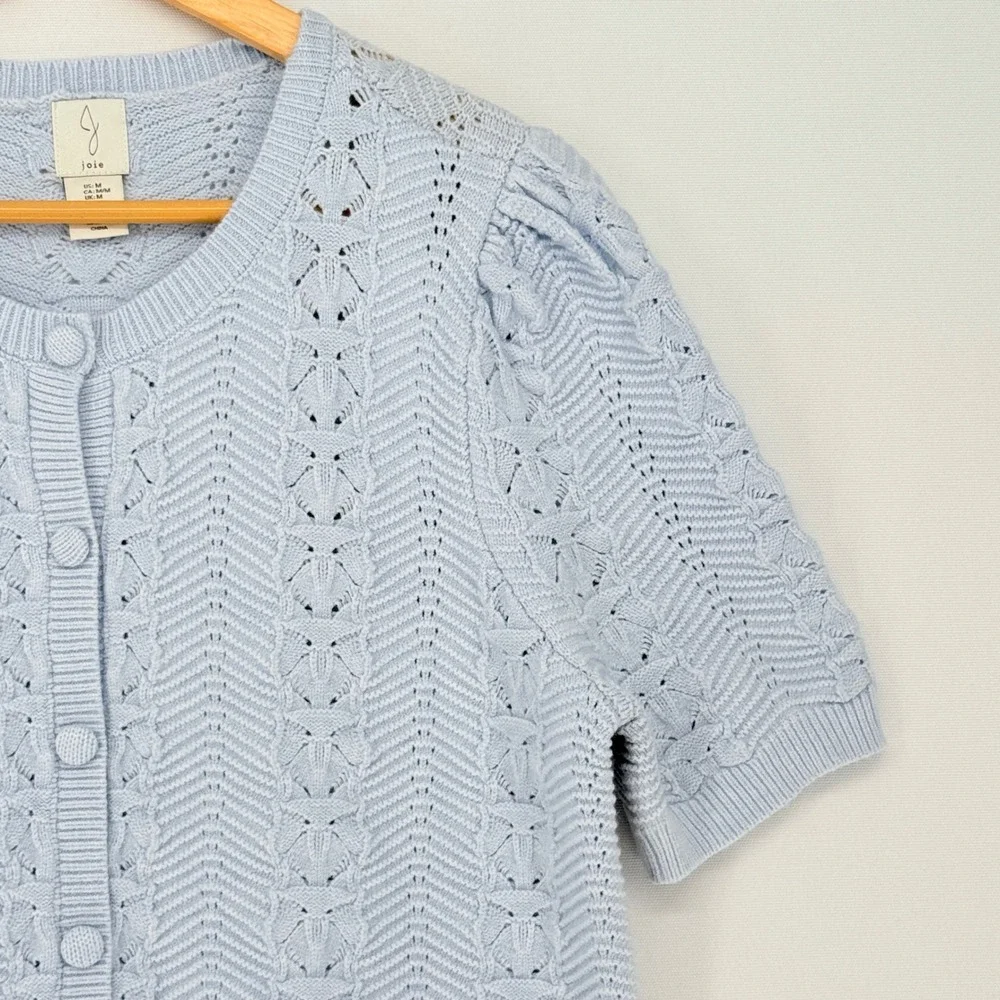 Joie Cardigan Sweater Womens Medium Blue Short Sleeve Pointelle Cottagecore Soft